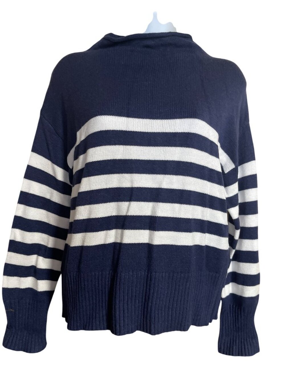 Truth by Republic Striped Kint Sweater Womens XS Navy White Mock Neck Coastal